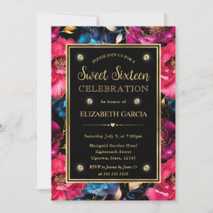 Waterverf Roze Blauw & Gouden Bloemen Sweet 16 Kaart