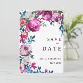 Waterverf roze blauw paarse bloem Save the Date Kaart (Staand voorkant)