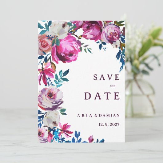 Waterverf roze blauw paarse bloem Save the Date Kaart (Staand voorkant)