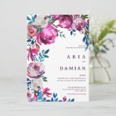 Waterverf roze blauw paarse witte bloemenbruiloft kaart (Staand voorkant)