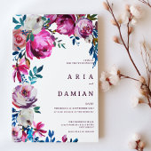 Waterverf roze blauw paarse witte bloemenbruiloft kaart