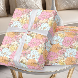 Waterverf Roze Blauw Sinaasappel Pastel Bloemenpat Cadeaupapier
