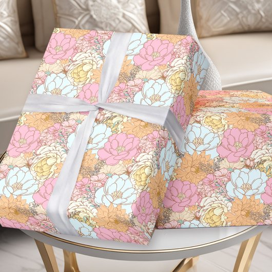Waterverf Roze Blauw Sinaasappel Pastel Bloemenpat Cadeaupapier
