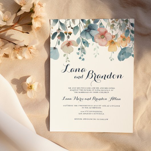 Waterverf roze blauw voorjaar wilde bloemen bruilo kaart