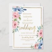 Waterverf roze blauw wit goud bloemen bruiloft kaart (Voorkant)