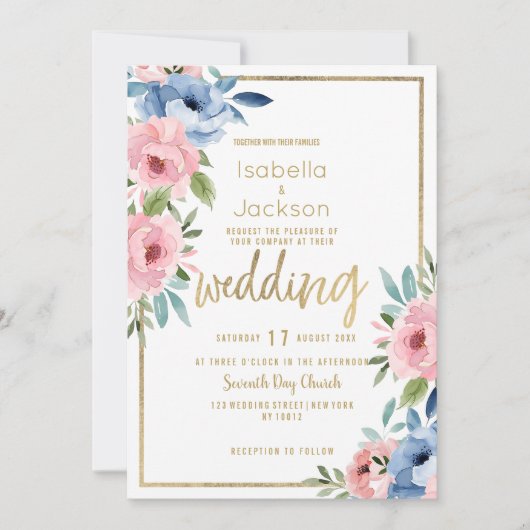 Waterverf roze blauw wit goud bloemen bruiloft kaart (Voorkant)