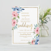 Waterverf roze blauw wit goud bloemen bruiloft kaart (Staand voorkant)
