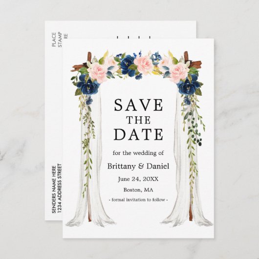 Waterverf roze blauwe bloemen aankondigingskaart (Voorkant / Achterkant)