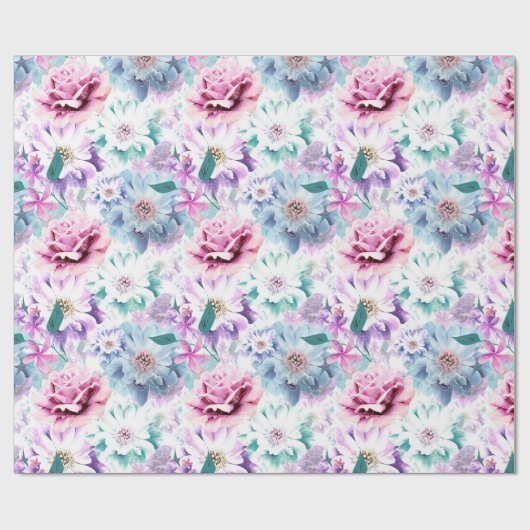 Waterverf roze, blauwe bloemen.  cadeaupapier (Vlak)