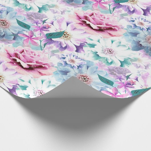 Waterverf roze, blauwe bloemen. cadeaupapier (Hoek)