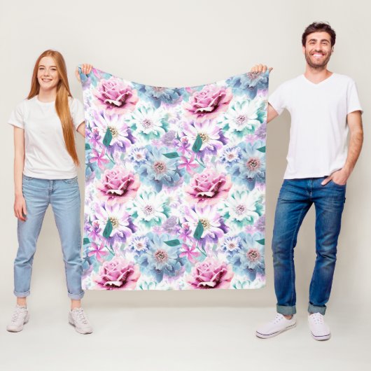 Waterverf roze, blauwe bloemen. fleece deken (In situ)