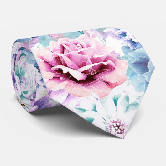 Waterverf roze, blauwe bloemen. stropdas (Opgerold)