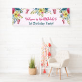 Waterverf Roze Blauwe Bloemen Vlinders Verjaardag Spandoek (Insitu)