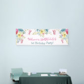 Waterverf Roze Blauwe Bloemen Vlinders Verjaardag Spandoek (Beurs)