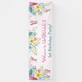 Waterverf Roze Blauwe Bloemen Vlinders Verjaardag Spandoek (Verticaal)