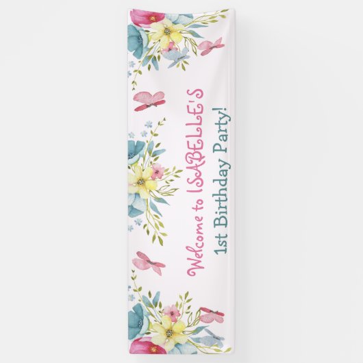 Waterverf Roze Blauwe Bloemen Vlinders Verjaardag Spandoek (Verticaal)