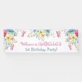 Waterverf Roze Blauwe Bloemen Vlinders Verjaardag Spandoek (Horizontaal)