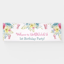 Waterverf Roze Blauwe Bloemen Vlinders Verjaardag