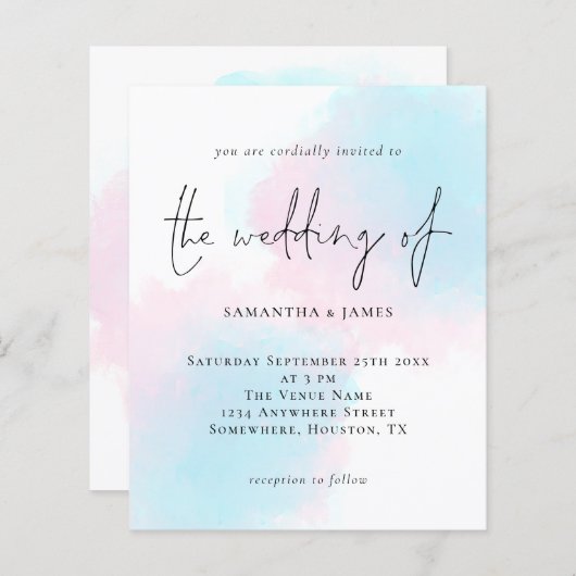 Waterverf roze blauwe bruiloft uitnodiging (Voorkant / Achterkant)