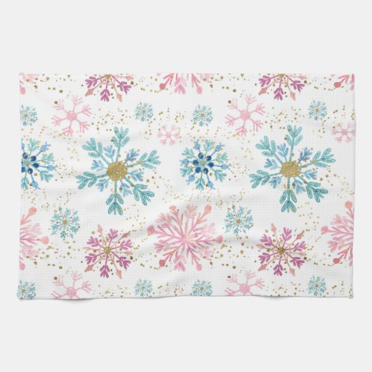 Waterverf Roze, blauwe en gouden wintersneeuwvlokk Theedoek (Horizontaal)