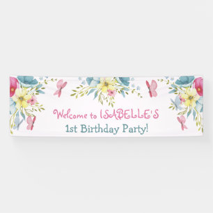 Waterverf Roze blauwe flora Butterflies Birthday Spandoek