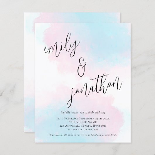 Waterverf roze blauwe QR-code bruiloft uitnodigen (Voorkant / Achterkant)