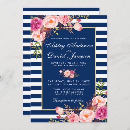 Waterverf Roze Blauwe Strepen Trouw WS Kaart (Voorkant / Achterkant)