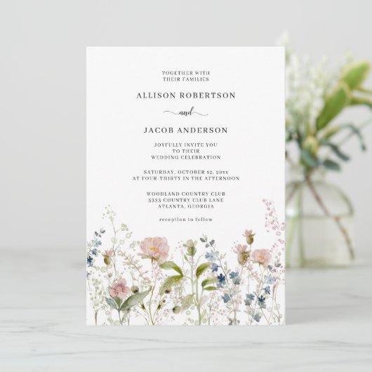 Waterverf Roze blauwe wilde bloemen bruiloft Kaart (Staand voorkant)