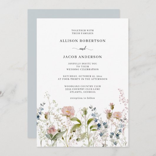 Waterverf Roze blauwe wilde bloemen bruiloft Kaart (Voorkant / Achterkant)