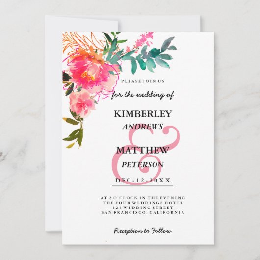 Waterverf roze blauwgroen ampersand florale bruilo kaart (Voorkant)