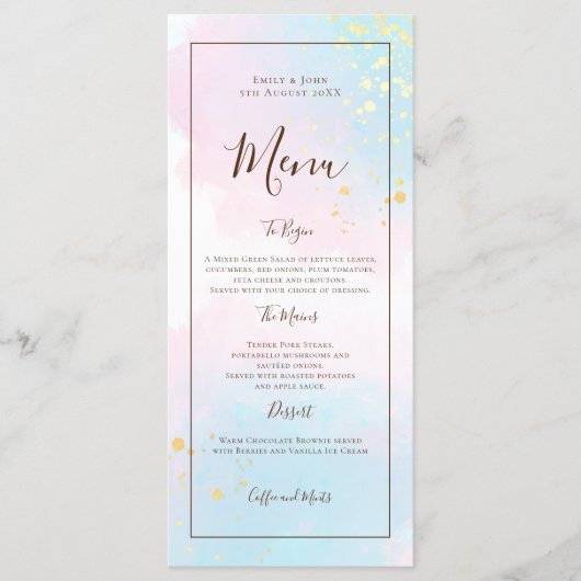 Waterverf Roze Blauwgroen Goud Confetti Bruiloft Menu (Voorkant)