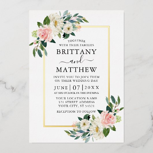 Waterverf Roze bleekwitte bloemen bruiloft goud Folie Uitnodiging (Voorkant)