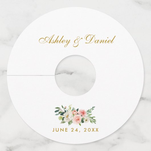 Waterverf Roze bleekwitte Floral Gold Weddenschap Wijnglaslabel (Voorkant)