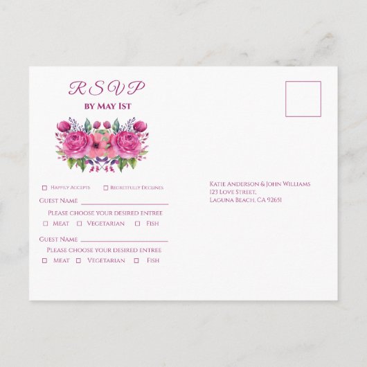 Waterverf Roze Bloem Boeket-Bruiloft RSVP- Uitnodiging Briefkaart (Achterkant)