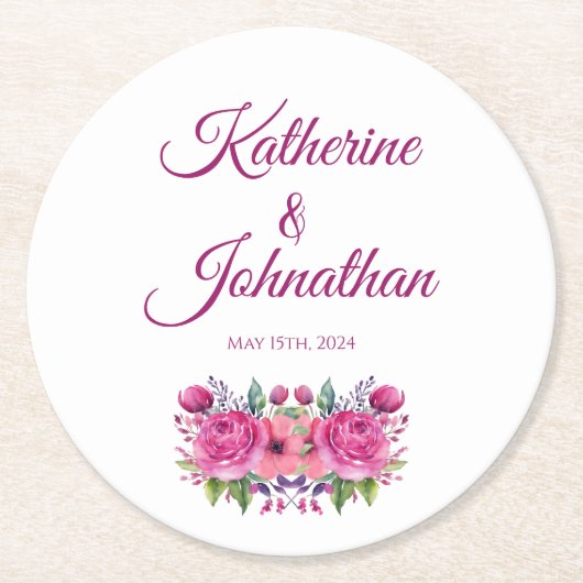 Waterverf Roze Bloem Boeket-Papier Onderzetter (Voorkant)