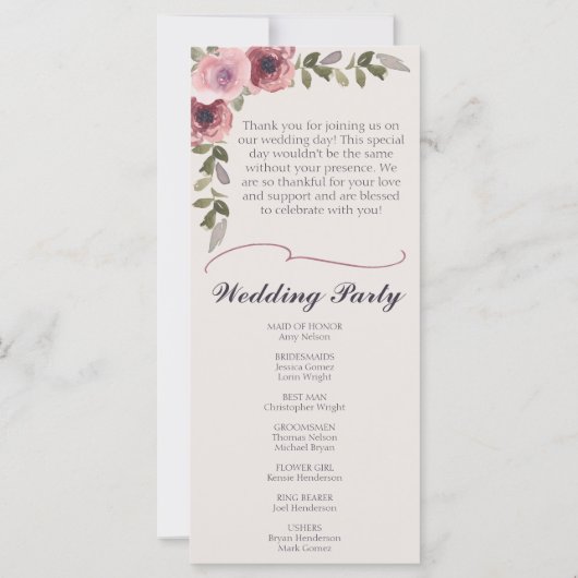 Waterverf Roze Bloem Bruiloft Evenement Programma (Achterkant)