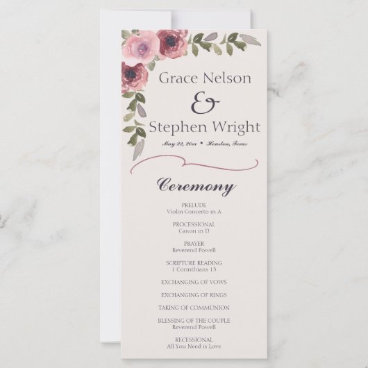 Waterverf Roze Bloem Bruiloft Evenement Programma (Voorkant)