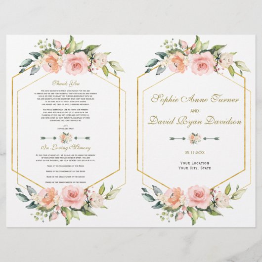 Waterverf Roze Bloem Gouden Lijst Bruiloftsprogram Flyer (Voorkant)