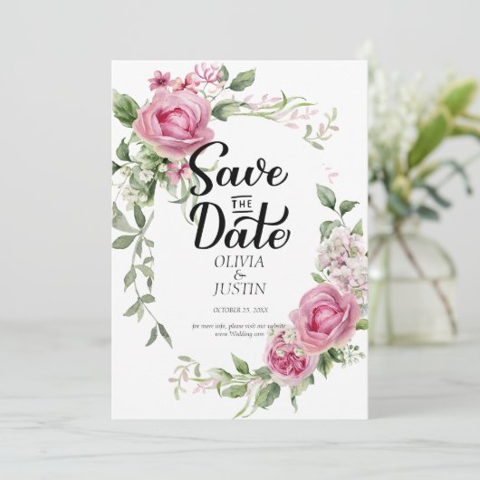 Waterverf Roze Bloem Kader Trouw Save The Date (Staand voorkant)