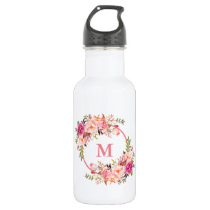 Waterverf Roze Bloem Monogram Waterfles