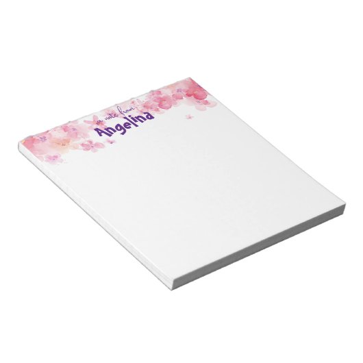 Waterverf roze bloem paarse letter notitieblok (Schuin)