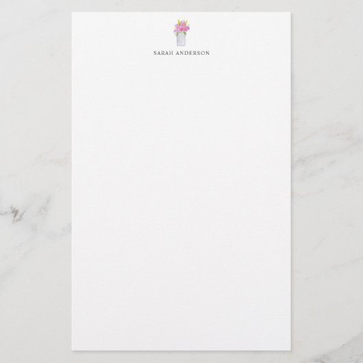 Waterverf Roze Bloem Potten Persoonlijk Briefpapier (Voorkant)