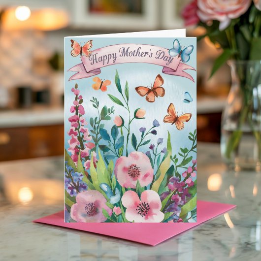 Waterverf Roze Bloem Vlinder Moederdag Kaart