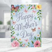 Waterverf Roze Bloem Vlinder Moederdag Kaart