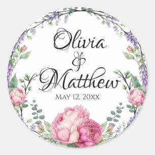 Waterverf roze bloemblaadjes lavendel educalyptus ronde sticker