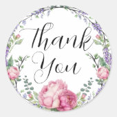 Waterverf roze bloemblaadjes lavendel educalyptus ronde sticker (Voorkant)