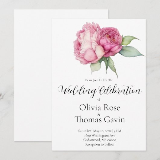 Waterverf roze bloemblaadjes roze pioenen roze roz kaart (Voorkant / Achterkant)