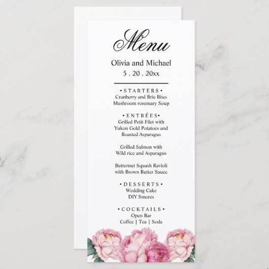 Waterverf roze bloemblaadjes roze pioenen roze roz menu (Voorkant / Achterkant)