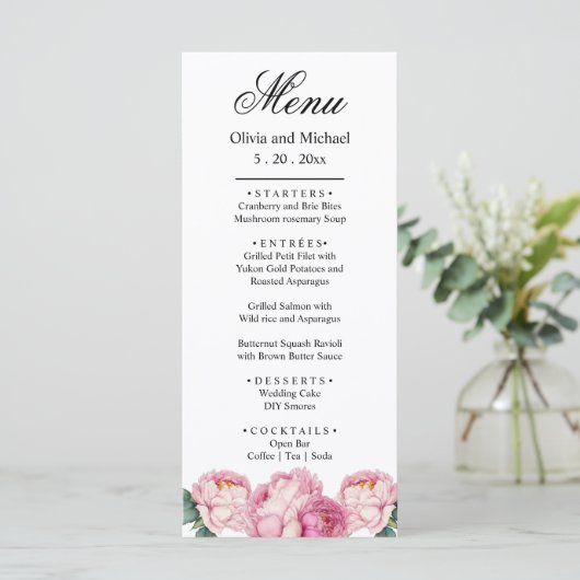 Waterverf roze bloemblaadjes roze pioenen roze roz menu (Staand voorkant)