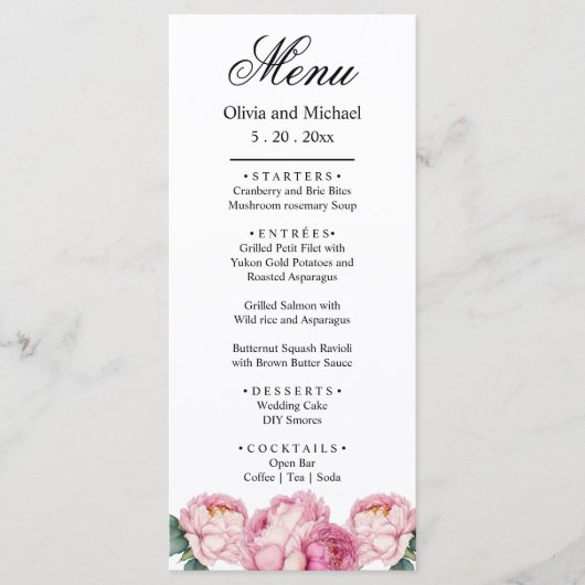 Waterverf roze bloemblaadjes roze pioenen roze roz menu (Voorkant)